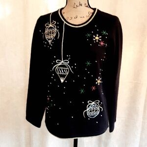 Beautifully Embellished Black Holiday Sweater Mid-weight Acrylic Long Sleeve S